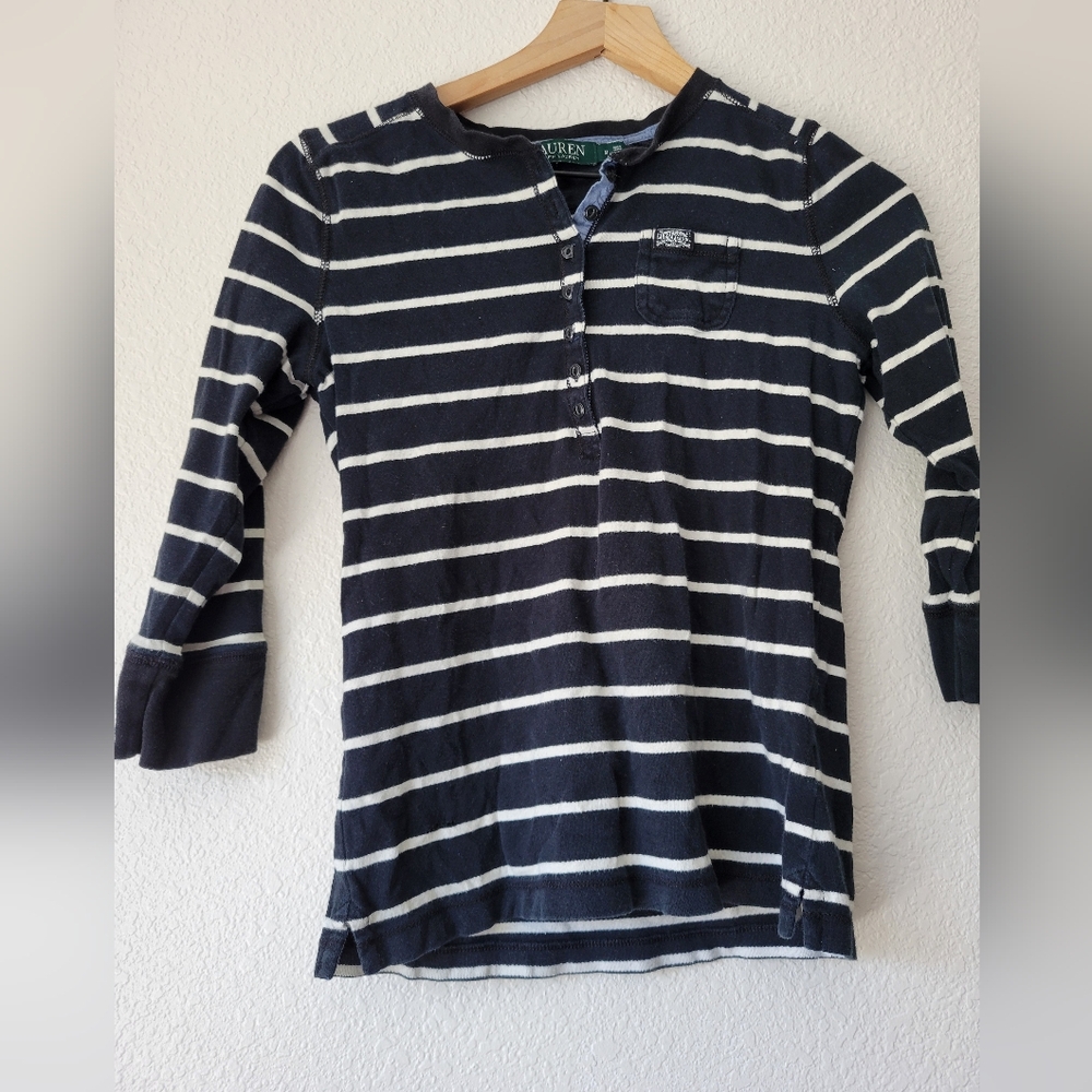 Ralph Lauren blue and white striped henley top, 100% cotton medium